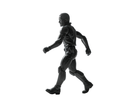 Monochrome rendering of a muscular human figure in motion, walking to the left