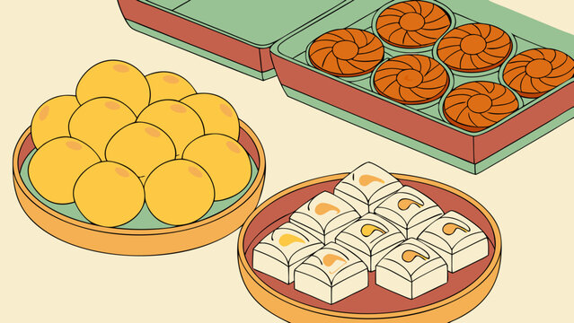 Assortment of Traditional Indian Sweets: Laddoo, Barfi, and Spiral Delicacies in Flat Design Vector Art