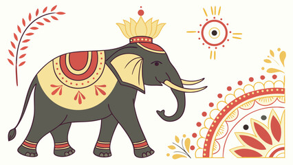Fototapeta premium Festive Indian Elephant Illustration with Lotus Crown and Traditional Cultural Ornaments; Asian Folk Art Style Decorative Motifs for Celebrations a...