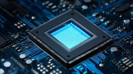 Fototapeta premium view of a microchip with a central blue-glowing component, surrounded by intricate circuitry on a dark background.