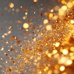 Gold glitter, sparkling bokeh, in motion against gray backdrop