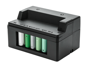 Black battery charging station with a row of AA or similar cylindrical cells