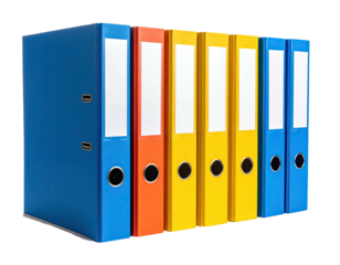 A row of colorful ring binders, arranged on a transparent backdrop
