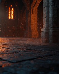 Dark stone hall with a fiery window glow