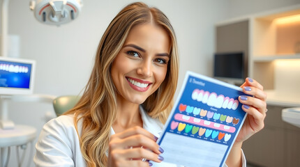 Smiling female dentist holding dental shade guide in modern clinic with bright atmosphere