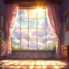 Bright, sunny room w/large window view of sky and flowers