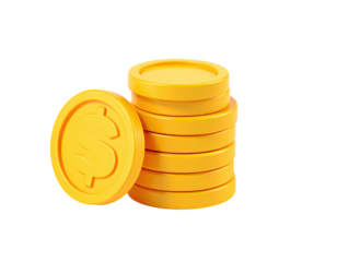 Rendered image of a stack of golden coins beside a single coin with dollar sign