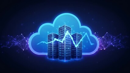 Digital representation of cloud computing with skyscrapers and data visualization in a futuristic setting - Powered by Adobe