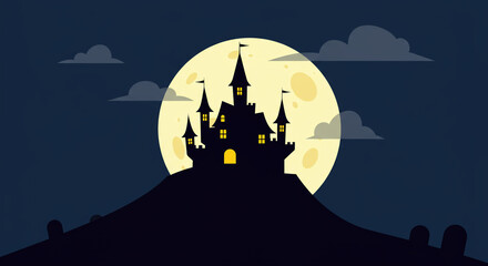 A mysterious haunted castle silhouetted against a luminous full moon on a dark night, perfect for Halloween, fantasy, or spooky themes. Flat design vector illustration.