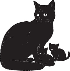 Silhouette of mother cat with kids playing 