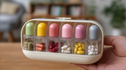 A pill organizer held in a hand showcasing medication options