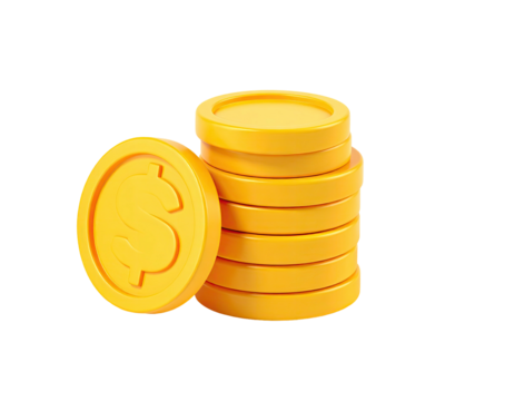 Rendered image of a stack of golden coins beside a single coin with dollar sign