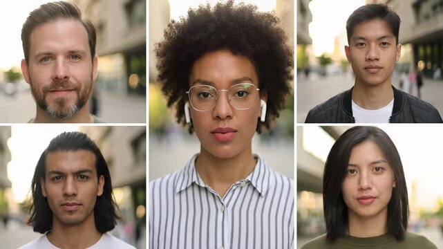 Multi-screen video of diverse young urban adults looking at camera, authentic expressions, blurred city, prominent bokeh, golden hour light. Concept of urban diversity portrait