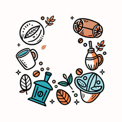 A hand-drawn coffee cup surrounded by coffee beans and leaves, vintage doodle style, simple line art on a beige background