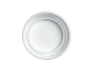 Overhead shot of a clean, white plastic cap against a black background