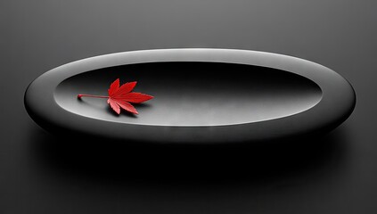Red maple leaf in black oval dish on dark textured surface