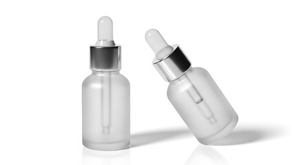 Two frosted glass dropper bottles with silver caps isolated on white background