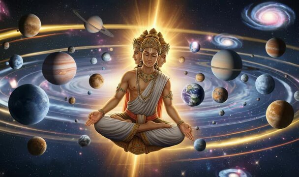 Lord Brahma Meditating in Cosmic Space Creating Universe with Divine Power and Celestial Planets, Hinduism Concept for Brahma Jayanti, Kartik Purnima, Pushkar Camel Fair, Yadnya Kasada, Brahmotsava