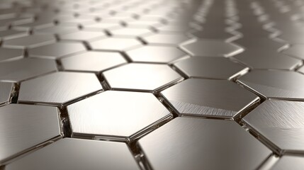 Metallic hexagonal tiles create a modern surface in a repeating pattern, reflecting light across the composition, displaying a textured design with subtle highlights, and contributing to a clean,...