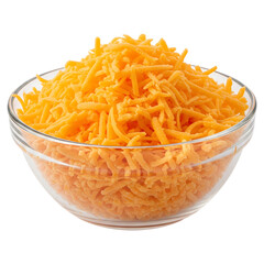Shredded cheddar cheese in glass bowl