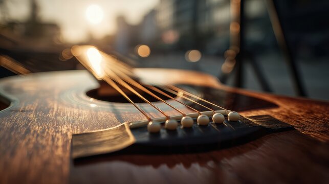 Close-Up Acoustic Guitar Bridge & Strings in Warm Golden Light, Shallow Depth of Field, Blurred Urban Street Background, Rich Wood Texture, Cinematic Bokeh for Musical Artistry, Advertising, Poster