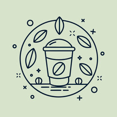 A hand-drawn coffee cup surrounded by coffee beans and leaves, vintage doodle style, simple line art on a beige background