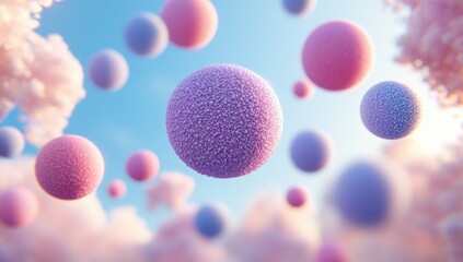 Floating textured spheres against a soft, pastel background