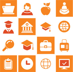 Diverse set of educational icons representing learning opportunities knowledge and academic achievement in vibrant orange hues