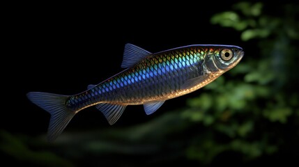 Naklejka premium Vibrant Blue and Black Fish Swimming Gracefully in Lush Green Background Showcasing Underwater Beauty and Natural Habitat of Aquatic Life