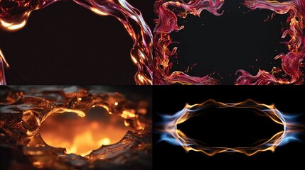 Four quadrants showcase fluid simulations fiery, liquid-like elements frame dark, empty spaces