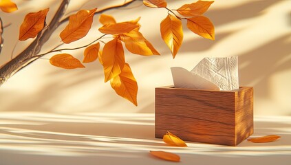 Autumn leaves and wooden tissue box bathed in warm sunlight