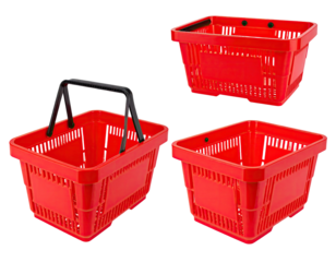 Three isolated red shopping baskets with handles of varied perspectives