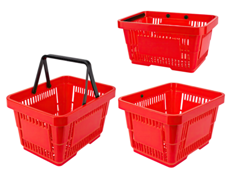Three isolated red shopping baskets with handles of varied perspectives