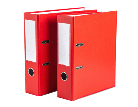 Two red lever arch files with white labels and black rounded ring pulls