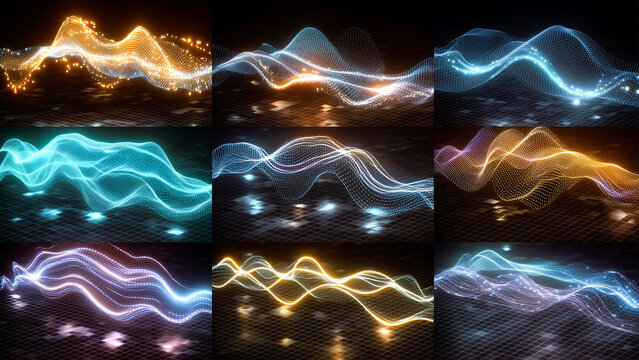 Abstract Data Waves: A collection of vibrant, dynamic visual representations of data flow, depicted as colorful, flowing waves against a dark backdrop.