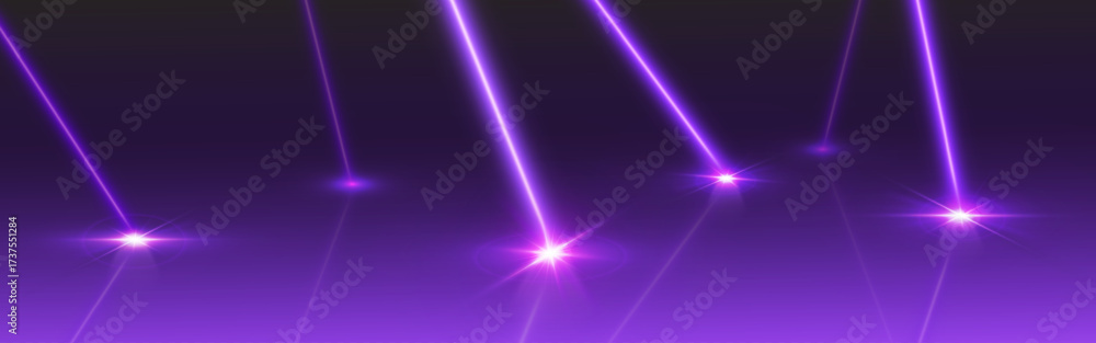 Wall mural purple laser beam light rays with bright sparkle points on dark background for futuristic technology