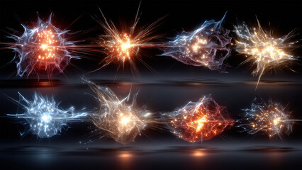 Fototapeta premium Abstract Energy Burst: A vibrant composition of stylized, energetic bursts with luminous cores and dynamic trails against a dark backdrop, offering a captivating visual representation of raw power.