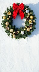 Christmas wreath on white snow background