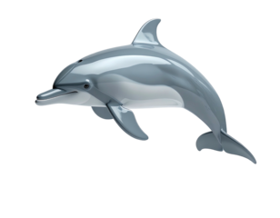 Gleaming, lifelike dolphin leaps gracefully against a stark black background