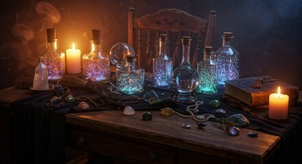 Bottles of potions, burning candles and other accessories of the witch on a wooden table. Halloween concept