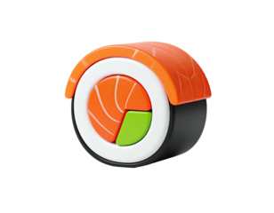 3D rendered sushi roll, showcasing salmon, rice, seaweed, and avocado