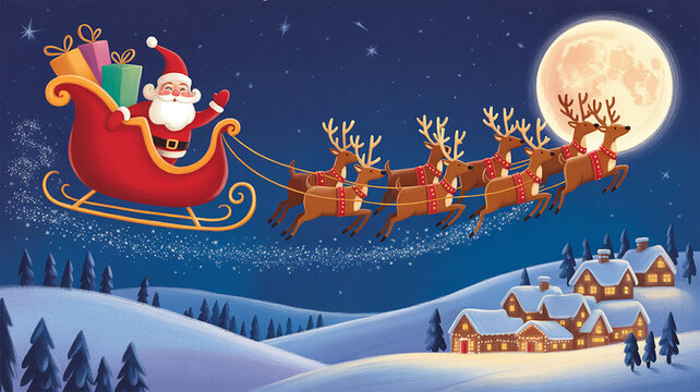 Santa claus flying in his sleigh with reindeer over a snowy village under the moonlight, delivering gifts and spreading christmas cheer to all