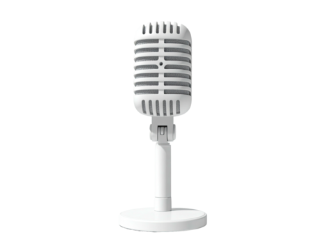 A white, vintage-style microphone, standing on a circular base against black