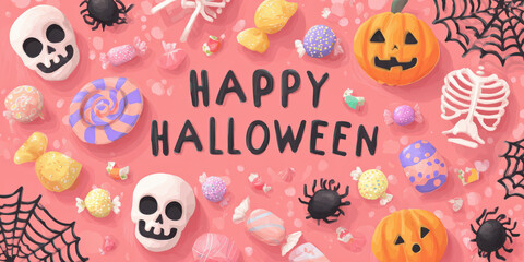 Happy Halloween illustration with candy, pumpkins, skulls, and spider webs on pink background. festive design includes colorful sweets and playful skeleton elements