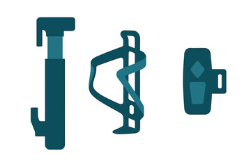 Bicycle accessories including a pump, bottle cage, and multi-tool for cyclists on a blue background