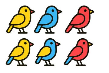Collection of stylized birds in yellow, blue, and red hues with bold outlines