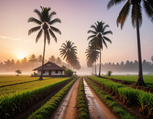 Obraz premium Sunlit path through emerald paddy fields and palm trees at a misty sunrise