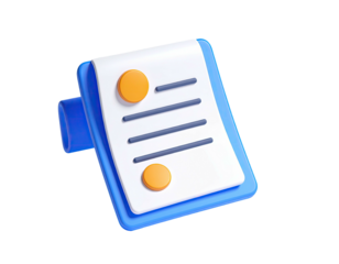 A 3D render of a document on a clipboard with a blue holder