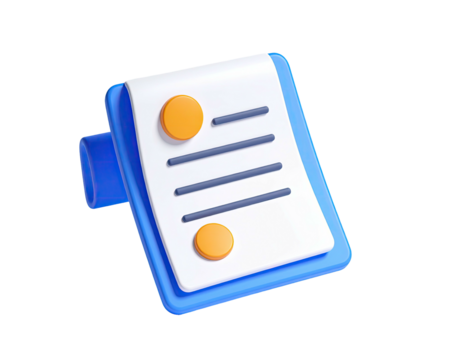 A 3D render of a document on a clipboard with a blue holder