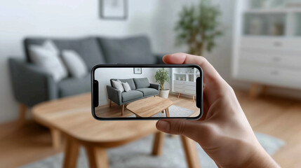 Hand holding smartphone displaying augmented reality furniture in living room, visualizing new modern design, enhancing home interior shopping experience